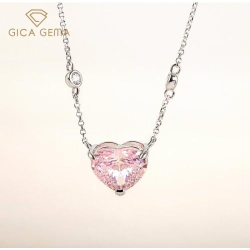 GICA 100% 925 Sterling Silver Sparkling Topaz Pink High Carbon Diamond Heart Pendant Necklace For Women Fine Jewelry Wholesale