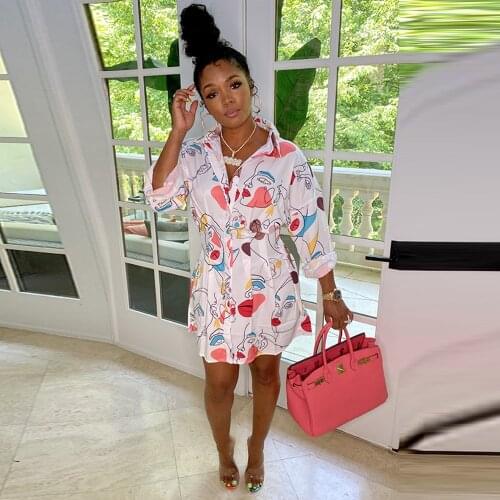 Aesthetic Newspaper Letter Print Blouse Dress Women Turn Down Collar Long Sleeve Shirt Dresses Autumn Waist Shaped Pleated Robe