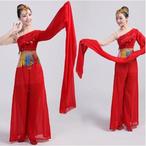 079) Chinese red water sleeves costumes Classical dance clothing long sleeves fan Poetry fairy costume fan stage performance