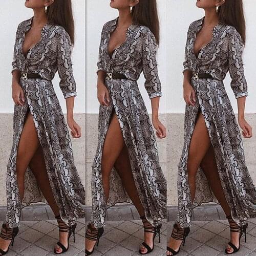 2018 new autumn and winter snakeskin long-sleeved womens dress sexy split long skirt dress two colors optional