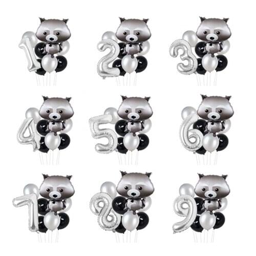 8pcs/lot Cartoon Foil Raccoon Balloons Black Sliver Latex Balloon Number Baby Shower Globos Children Birthday Party Decorations
