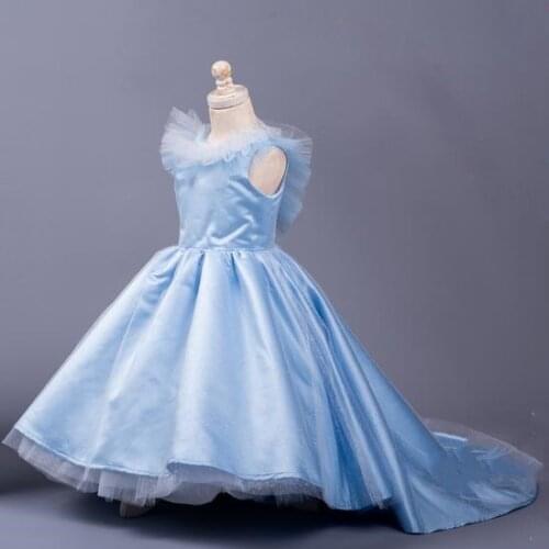 Custom Sky Blue Baby Girl Dress Satin Tulle Backless Princess Birthday Dress Christmas Party Dress Girl Clothes Photography