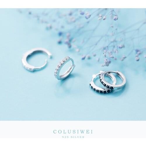 Colusiwei 925 Solid Silver Ear Hoops for Women White Black Cubic Zirconia Tiny Circle Earrings Korean Crystal Fashion Jewelry