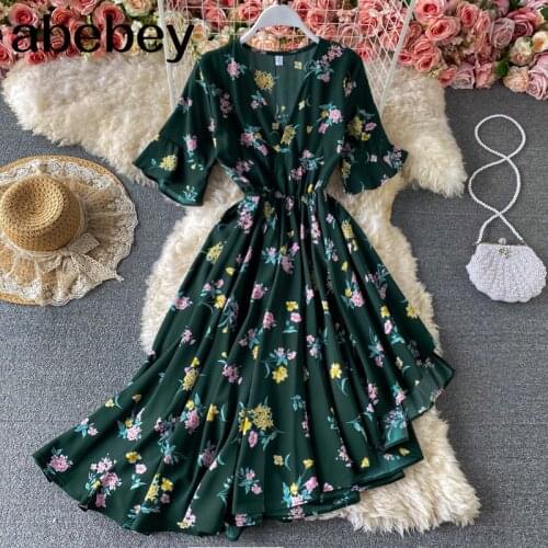 Design Irregular Strap Dress Women Sexy V Neck Ruffles A-line Party Dress Summer Boho Floral Beach Long Dress