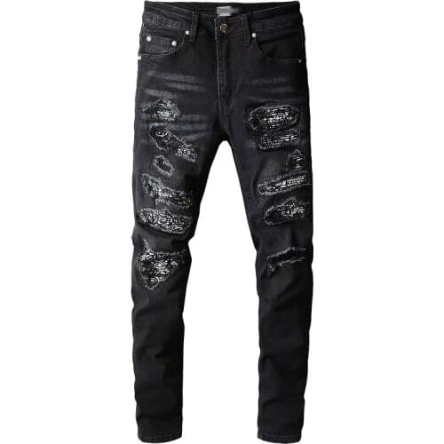 Mcikkny Men Hi Street Ripped Biker Jeans Pants Streetwear Slim Fit Denim Trousers Male Streetwear