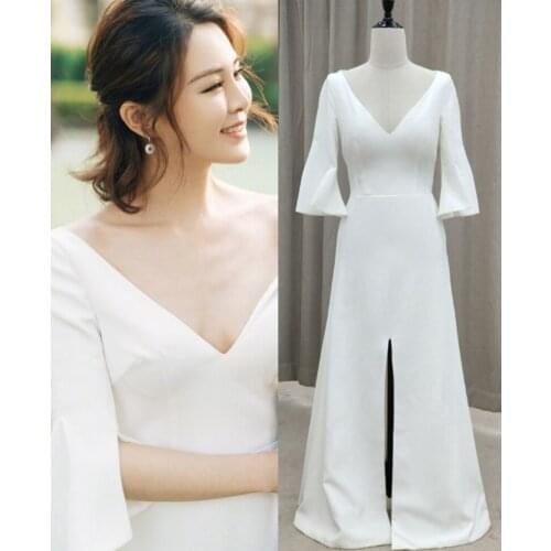 #1110 Empire Elegant Simple Sexy Slit V-Neck Bell Sleeve Soft Satin Floor Length A-Line Wedding Dress Bridal Gowns