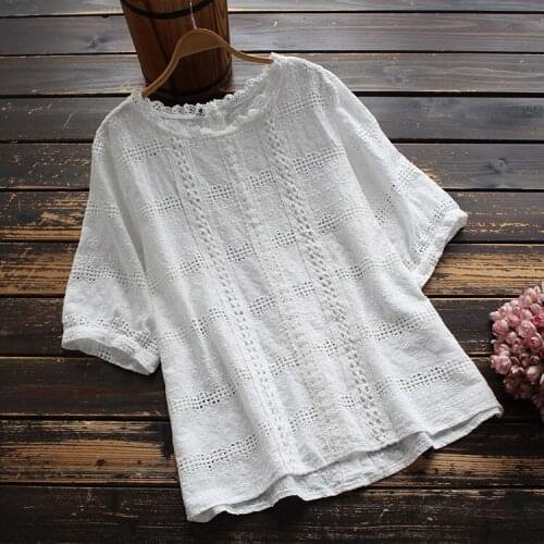 FairyNatural Women Vintage Hollow Out Lace Stitch Embroidery Pullover Short Sleeve Cotton White Shirt Ladies Summer Mori Girls