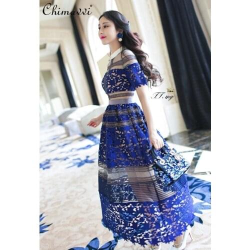 High-End Dresses for Women 2021 Summer Lace Mesh Patchwork Hollow Short Sleeve Dress Shirt Collar Goddess Slimming Maxi Dress