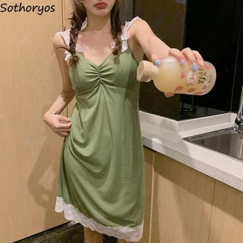 Summer Nightgowns Women Kawaii Bow Sleeveless Night Dress Female Sexy Cozy Fashion Simple Elegant Stylish With Chest Pad Lace