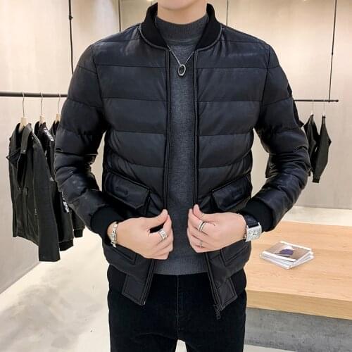 Mens leather padded jacket winter 2020 new down padded jacket Korean style handsome thick padded leather chaqueta cuero hombre
