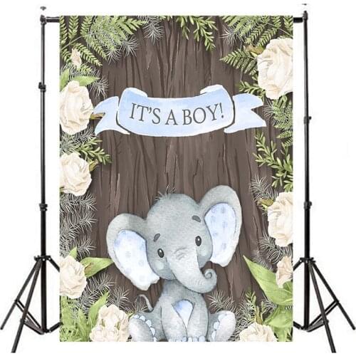 Mocsicka Blue elephant Baby Shower Backdrop Its a Boy Baby Shower Background for Photo White Flowers Wood Photography Backdrops