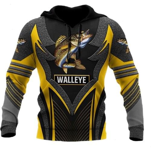 Fashion Harajuku Hoodie walleye fishing yellow metal 3D printing autumn zipper Hoodie Unisex casual street style Sweatshirt