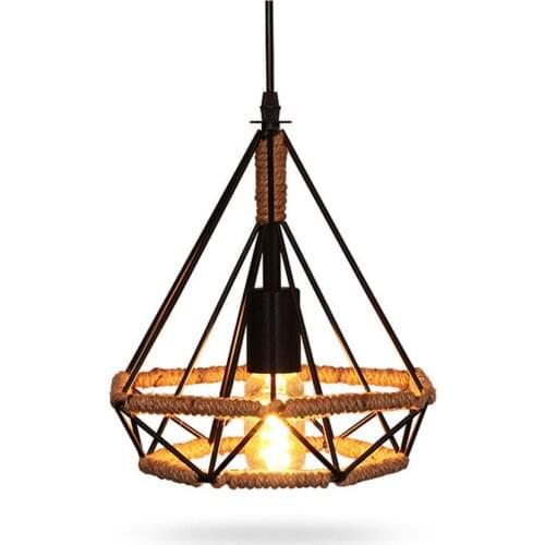 Nordic American loft hemp rope iron pendant lights living room dining room industrial diamond birdcage hanging lamps fixtures