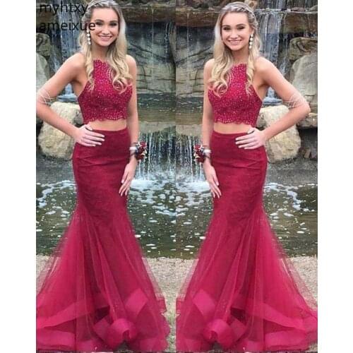 New Sexy Two Piece Beaded Tulle Lace Mermaid Red Evening Dresses Party Long Prom Dress Formal Gown Robe De Soiree Longue Event