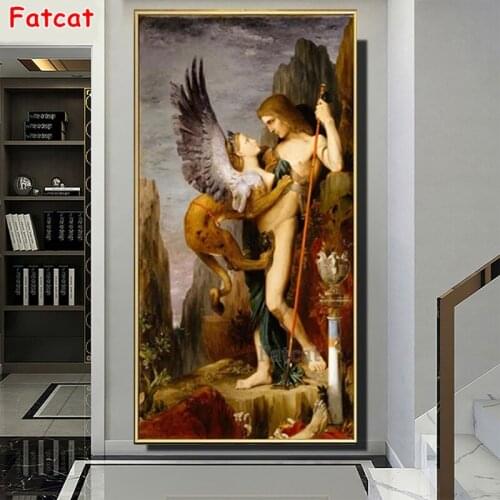 Full Square Round Diy Diamond Painting Oedipus And The Sphinx By Gustav Morrow Diamond Embroidery Cross Stitch Home Decor PP2129