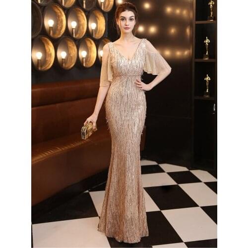 Partysix Elegant V Neck Long Sequin Evening Dress 2021 New Off Shoulder Evening Party Dress