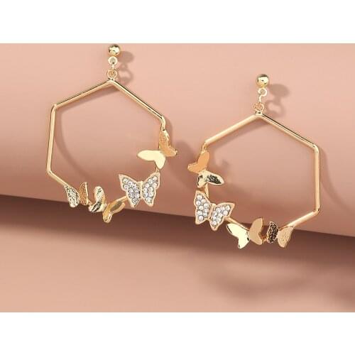 Hexagon Metal Frame Small Butterfly Charms Earrings Fashion Simple Graceful Rhinestone Pendants Jewelry