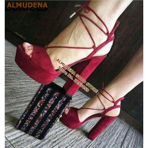 ALMUDENA Gorgeous Red Suede Chunky Heel Platform Sandals Open Toe Lace-up Cross Strappy Dress Shoes Pumps Dropship Plus Size45
