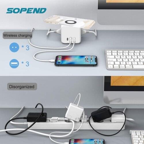 Sopend 1.5m Extension EU Plug Electronic Power Strip Desktop Socket Powercube with USB Type-C Ports 15W Wireless Charger Station