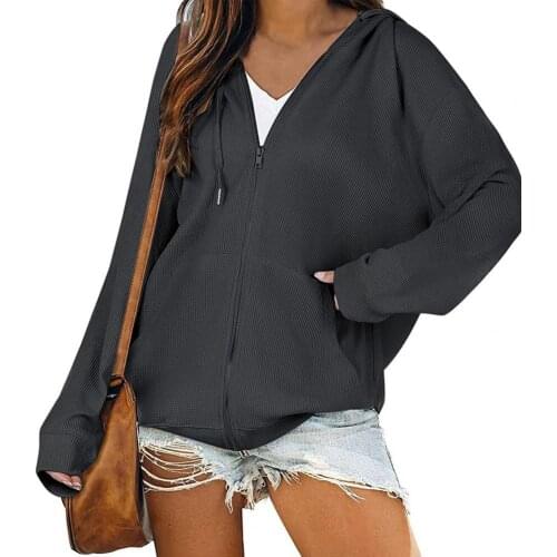 Women Sweatshirt Long Sleeve Solid Color Jacket Stylish Hoodie Zipper Hooded Loose Fit Warm Outerwear Autumn Winter