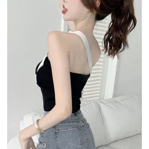 Contrast Patchwork Slanting Neck Off Shoulder Summer Women Tube Top Color Slim Elegant Sleeveless Camisole Crop Tank Top