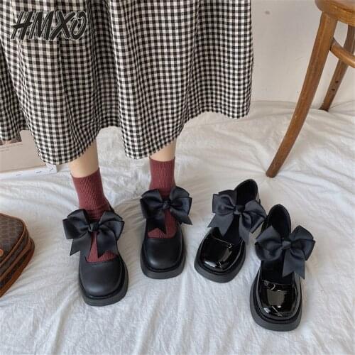 HMXO Round Toe Thick-soled Lolita Leather Shoes Women British Gentle Retro Bow Tie Jk Shoes Mid-heel Mary Jane Shoes for Women