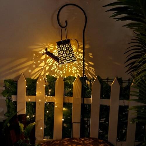 Outdoor Solar Watering Can Ornament Lamp Garden Art Light Decoration Hollow Out Iron Shower LED Lights String Garden Decorations