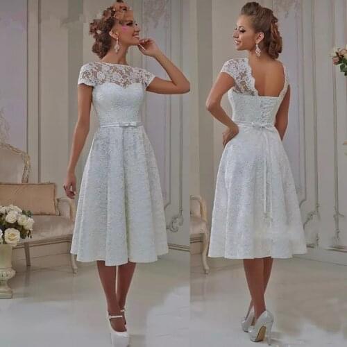 Vintage Lace Short Wedding Dresses 2021 Lace-Up Back Knee Length Informal Rception Bridal Gowns Boho Wedding Gowns