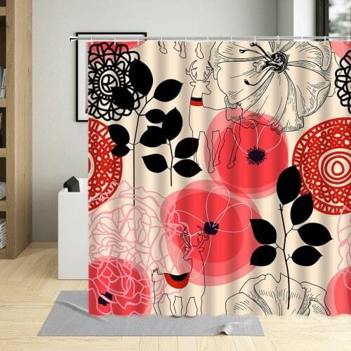 Red Poppy Beautiful Flower Bathroom Decor Floral Plant Shower Curtain Polyester Fabric Waterproof Bath Curtains With Hooks Set
