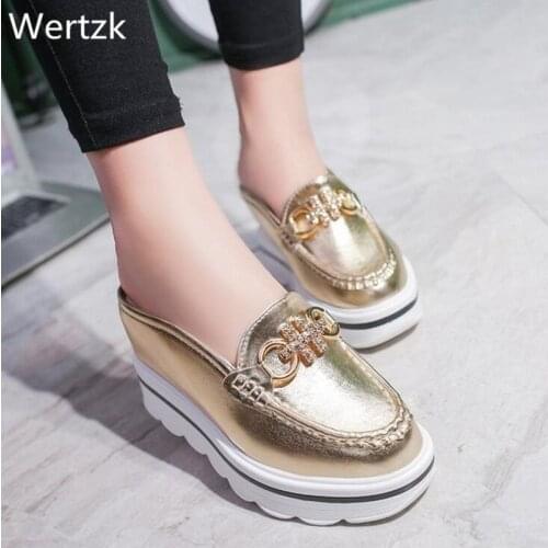 Wertzk 2019 woman mules shoes sandals Rhinestone chains metal buckle design slippers Baotou Platform shoes Wedges slipper E243