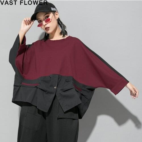 Women Contrast Color Oversized Irregular T-Shirt New Round Neck Long Sleeve Tops Fashion Loose Casual Clothes Spring Autumn 2021