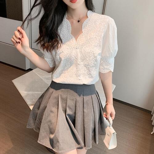 Women 2021 Summer Korean Fashion New Style Loose V-neck Lace Chiffon Shirt Temperament Solid Short Sleeve Blouse Blusa Y742