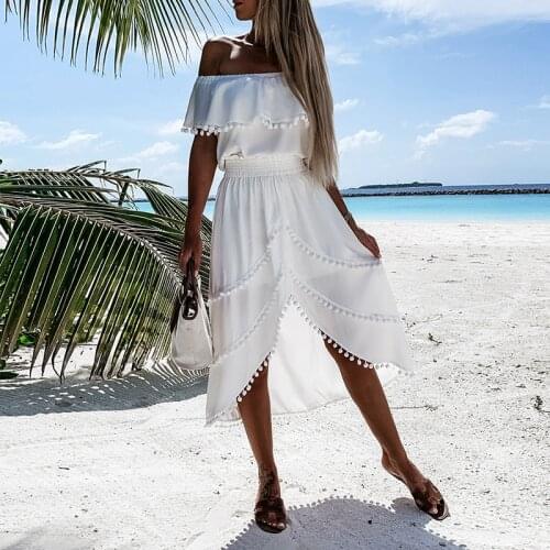2021 New Off Shoulder Long White Dress Summer Slash Neck Tassel Irregular Holiday Dress Female Elegant A Line Party Sundress