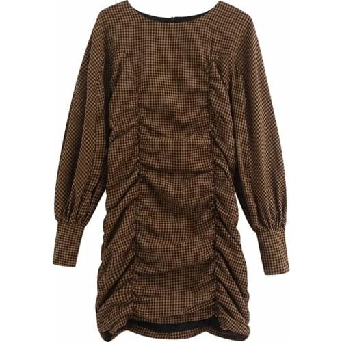 Evfer Women Casual Autumn Plaid Za Pleated Mini Dresses Female Sprint Elegant Back Zipper Long Puff Sleeve High Waist Dress Chic