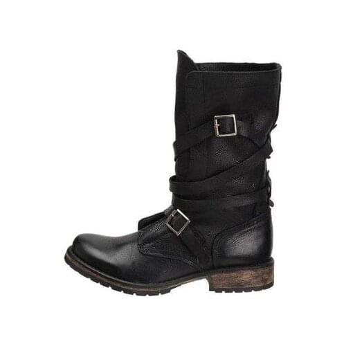 Horse Riding Cowboy Mid Calf Boots Black Brown Faux Leather Winter Shoes Retro Men Women Boots Combat Western Unisex Footwear