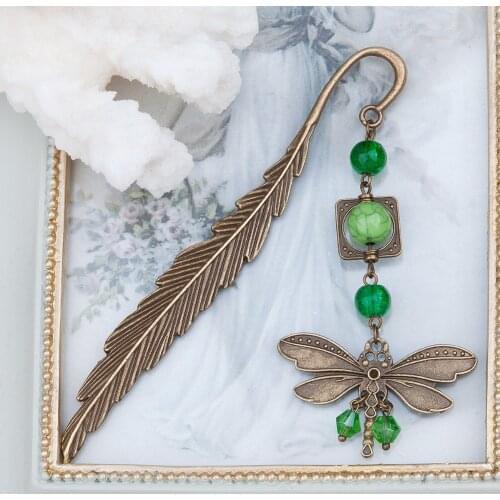 DoreenBeads Bookmark Dragonfly Animal Antique Bronze Green Imitation Turquoise Feather Christmas Snowflake Pom Pom,1 Piece