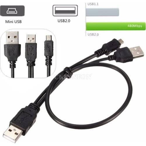 100 Pcs/Lot USB 2.0 Cable A Male to Mini USB B 5 pin+USB 2.0 A Male Data Power Y Splitter Cord (Color: Black)