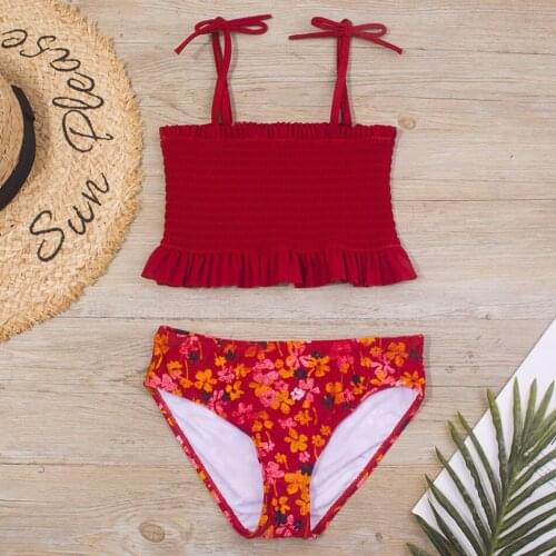 Smocked Girl Swimsuit Kids Floral Tie Shoulder Girl Bikini Set 7-14 Years Two Piece Childrens Swimwear Girls Bathing Suit 2021