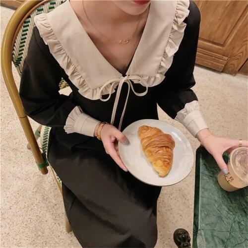 2021 New Autumn Winter Black Womens Midi Dress Long Sleeve Doll Collar Vintage Ladied Short Umbrella Korean Dresses Female