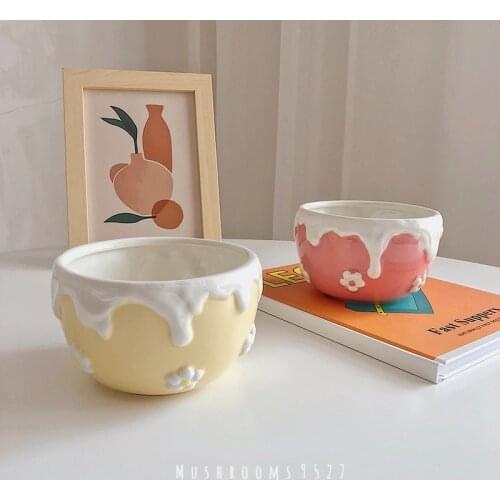 Super Cute Embossed Cream Ceramic Flower Girl Lunch and Dinner Rice Salad Bowl Cherry Bunny Hand-painted Yogurt Childrens Bowl