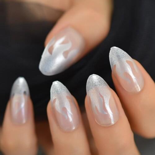 Flame Fake Nails Silver Glitter Shimmer Fire Pattern Artificial Designed Tips Clear Stiletto Pointed Nail 24