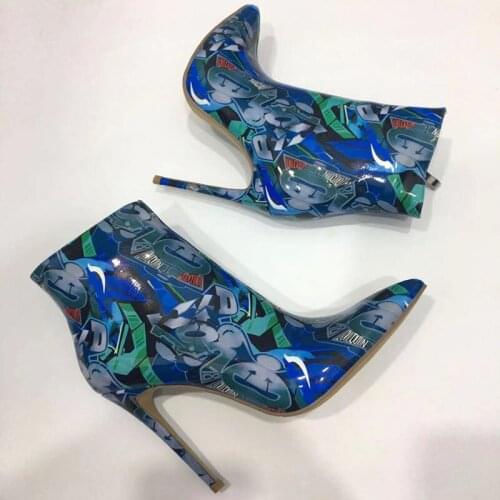 Sexy Ladies Multi Screw Printed Leather Ankle Boots Patent Leather Stiletto Heels Pointed Toe Gladiator Celebrity Short Boots