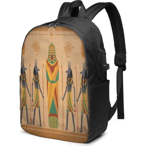 School Laptop Backpack Egyptian Hieroglyphics 17 inch Travel Multi USB Charger Bag