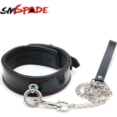 SMSPADE Fetish Black Genuine Leather Bondage Slave Collar Erotic Sex Neck Collar Leash with Metal Chain Sex Toys for Couple