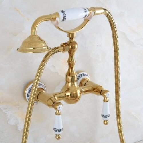 Modern Polished Gold Color Brass Wall Mount Bathtub Faucet with Handheld Shower Set +1.5M Hose Mixer Tap 2na838