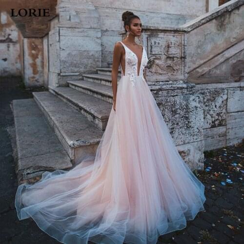 LORIE Rose Pink Princess Wedding Dress Sleeveless Appliqued Lace Bride Dress A-Line Tulle Backless Boho Wedding Gown