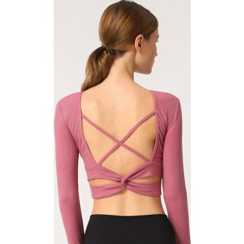 TWTOPSE Ribbed Fabric Fitness Dance Long Sleeved Shirts Women Sexy Back Cross Yoga Sport Crop Tops with Removable Chest Pad 2020