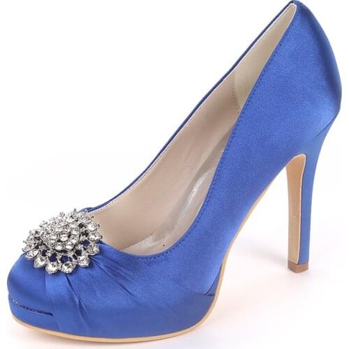 High Heels Platform Wedding Party Shoes Round Toe Slip-on Heeled Crystals Satin Prom Evening Bridal Ladies Dress Pumps