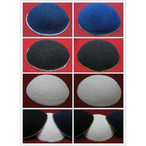 HIGH QUALITY HANDMADE KNITTED YARMULKE DIFFERENT COLOUR BORDER KIPPAH