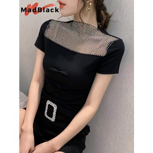 Summer European Clothes Cotton T-Shirt Sexy Hollow Out Shiny Diamonds Drape Women Tops Short Sleeve Bottoming Shirt Tees T17005A